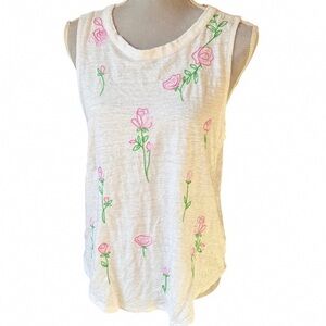 White Sleeveless Tank with Pink Rose Embroidery by
